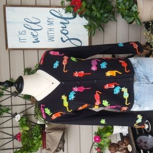 MARISA CHRISTINA ♡ Vintage Black Colorful Kitty Cat's 'n Mice Cardigan Sweater S